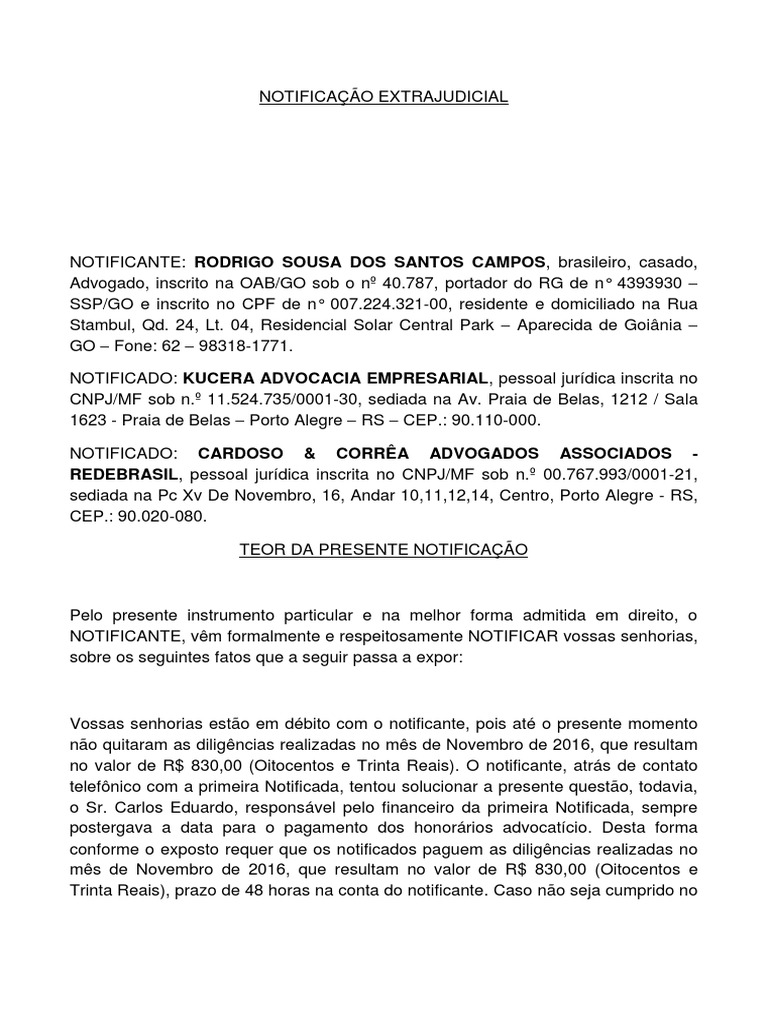 Notificação Extrajudicial de Cobrança | PDF