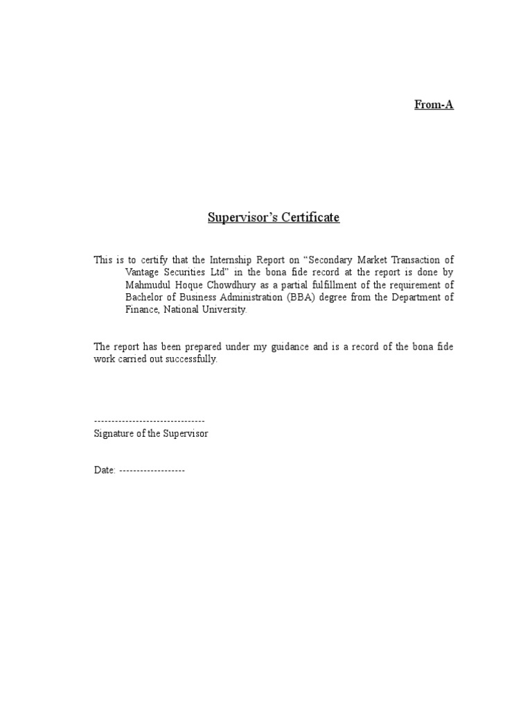 Supervisor's Certificate for Internship | PDF | Business | Finance ...