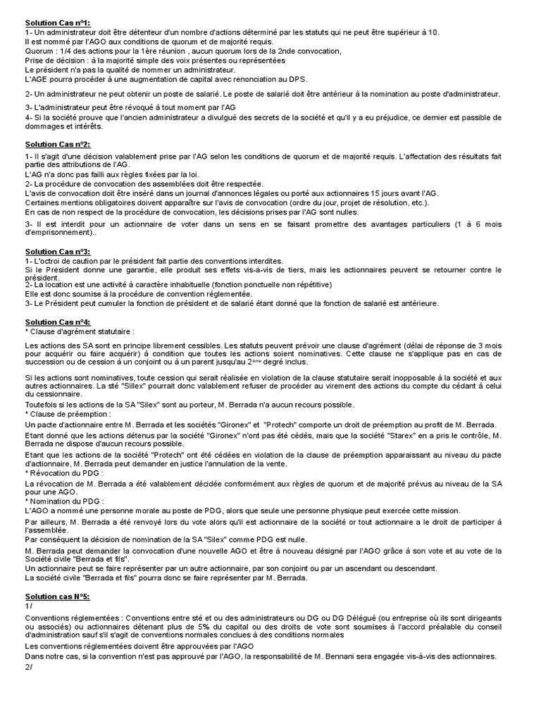 Cas Pratique Droit Des Sociétés Corrigé Pdf