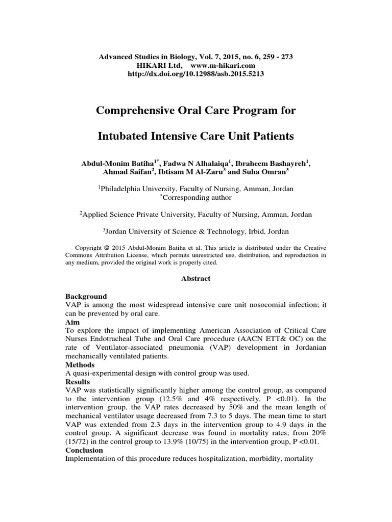 Comprehensive Oral Care Program For Intubated Intensive Care Unit