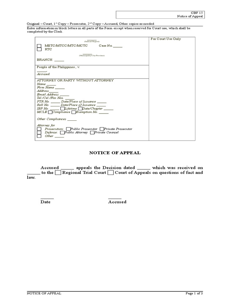 Notice of Appeal Form CBF 15 | PDF | Appeal | Judgment (Law)