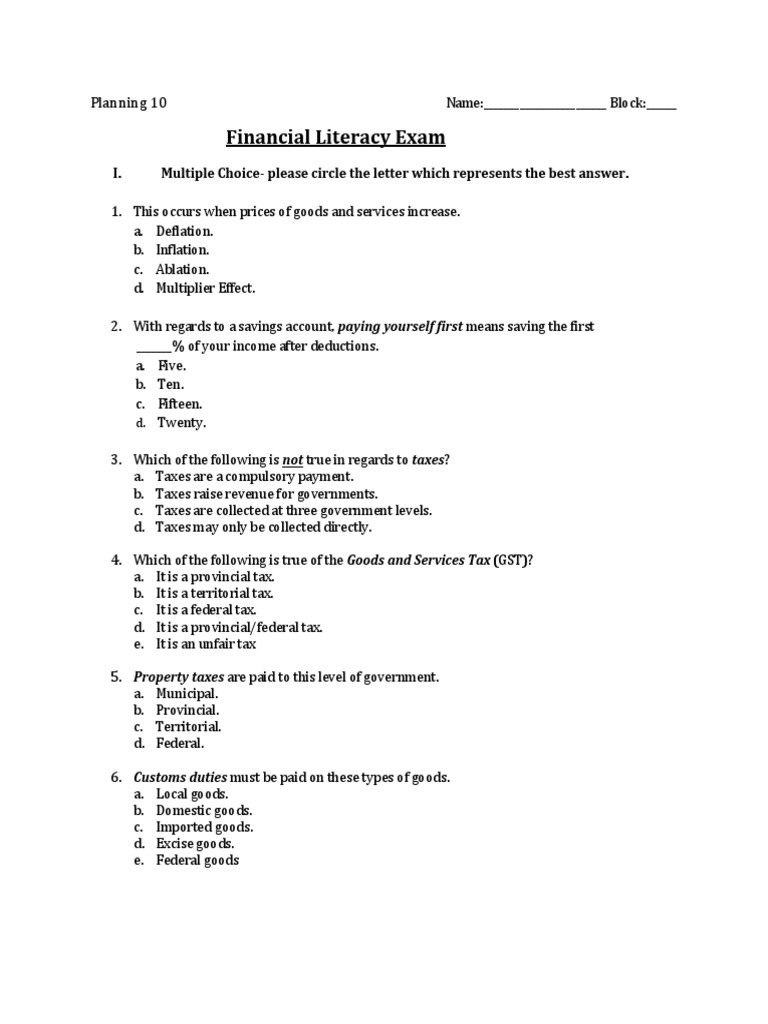 Financial Literacy Exam PDF Interest Yield (Finance)