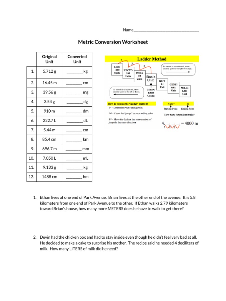 2.1 (Day 1) Metric Conversion Worksheet