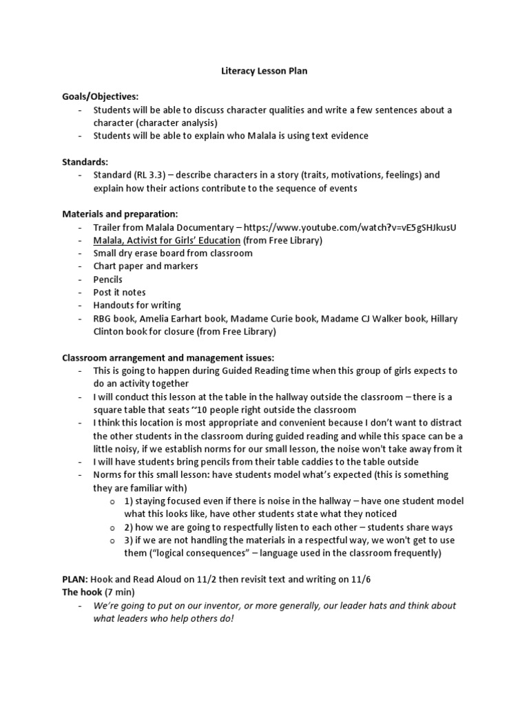 Malala Literacy Lesson Plan | PDF | Malala Yousafzai | Classroom