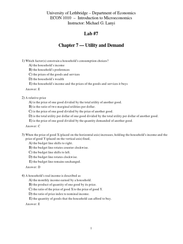 Lethbridge Chapter 7 Utility and Demand | PDF | Utility | Marginal Utility
