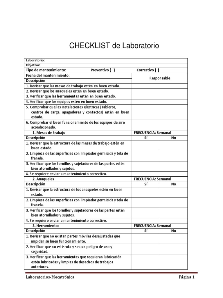Checklist de Mantenimiento de Laboratorio | PDF | Bienes manufacturados ...