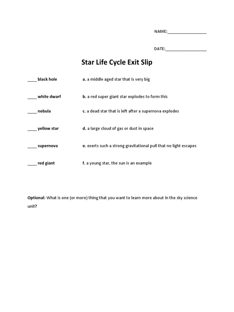 Star Life Cycle Exit Slip Worksheet | PDF | Science & Mathematics ...