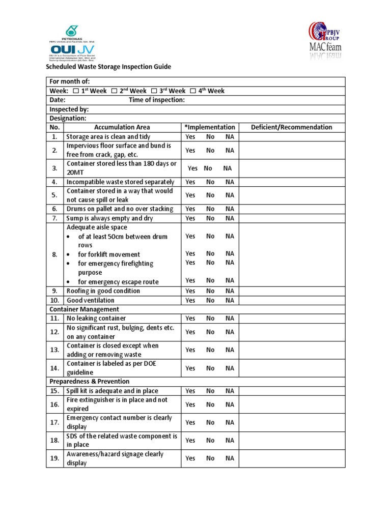 Scheduled Waste Storage Inspection Guide | PDF | Nature