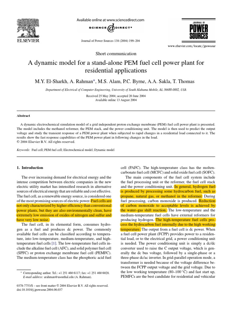A Dynamic Model For A StandAlone PEM Fuel Cell Power Plant For Residential Applications PDF