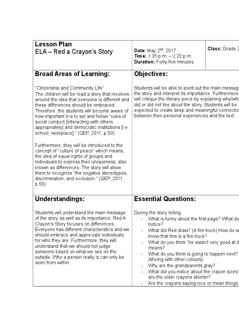 Grade 2 ELA Lesson Plan: Embracing Differences | PDF | Competence ...