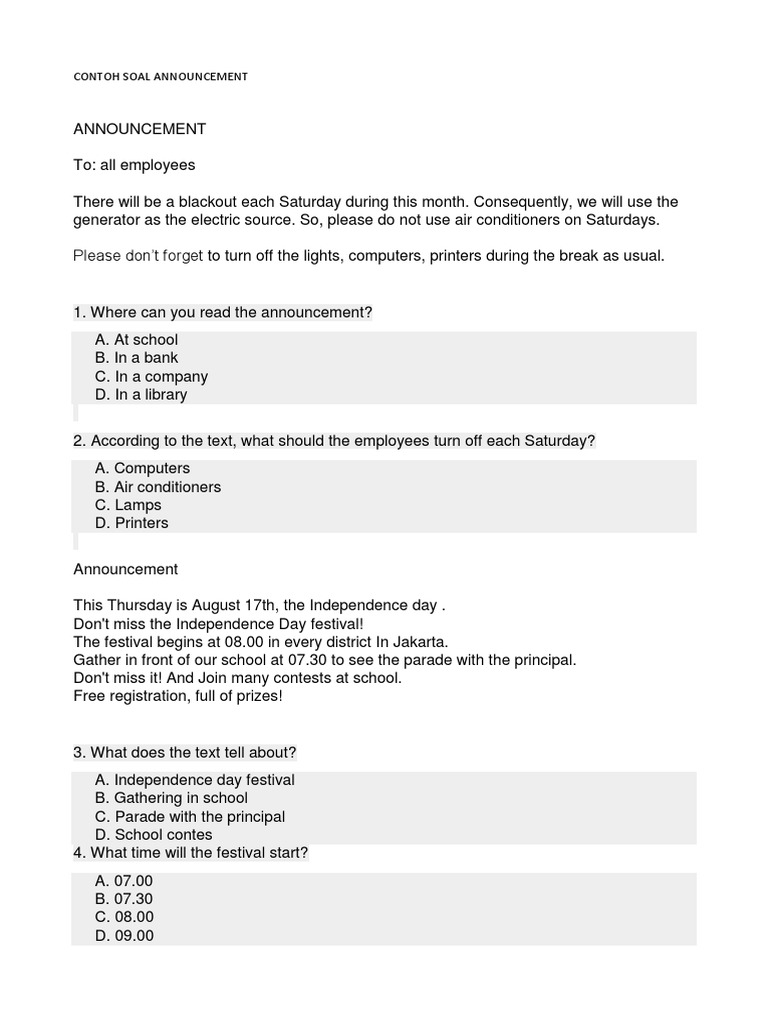 Contoh Soal Announcement Bahasa Inggris Smp