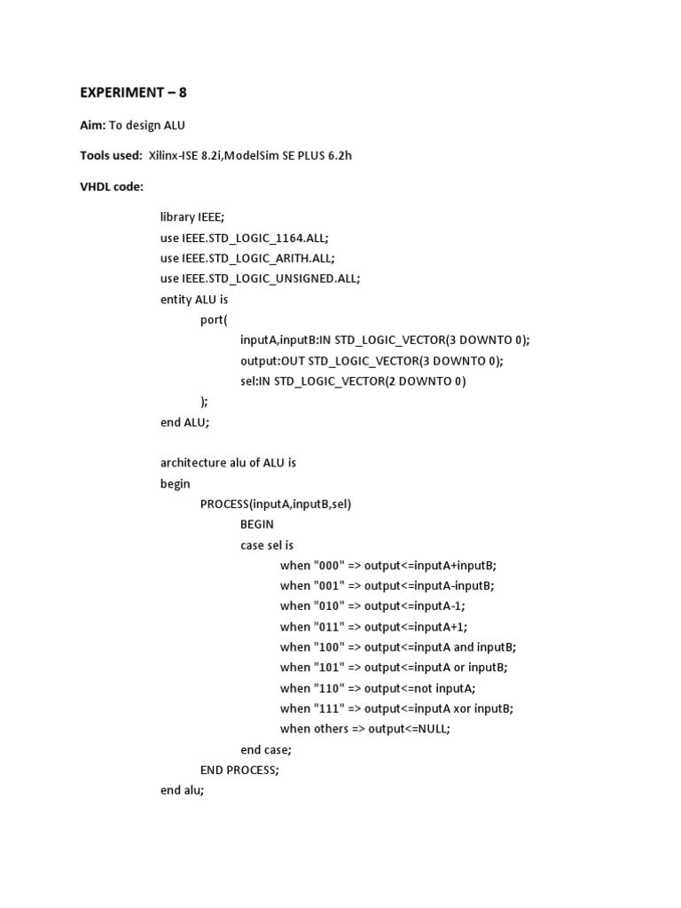 VHDL ALU Design and Simulation Guide | PDF