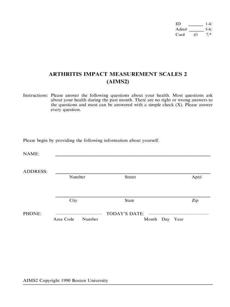Arthritis Impact Measurement Scales 2 (AIMS2) : ID - 1-4/ Adm# - 5-6 ...