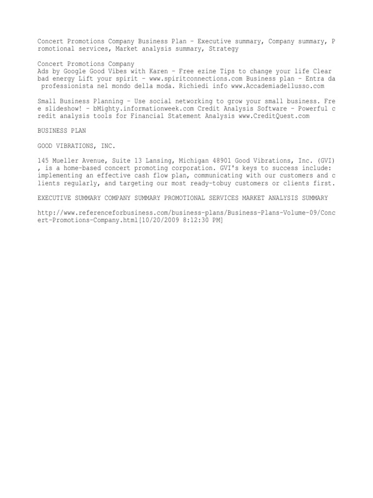 Concert Promotions Company Business Plan Executive Summary Company Summar |  PDF | Advertising | Business Plan