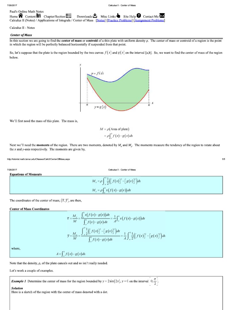 Center of Mass With Calculus From Paul's Math Notes