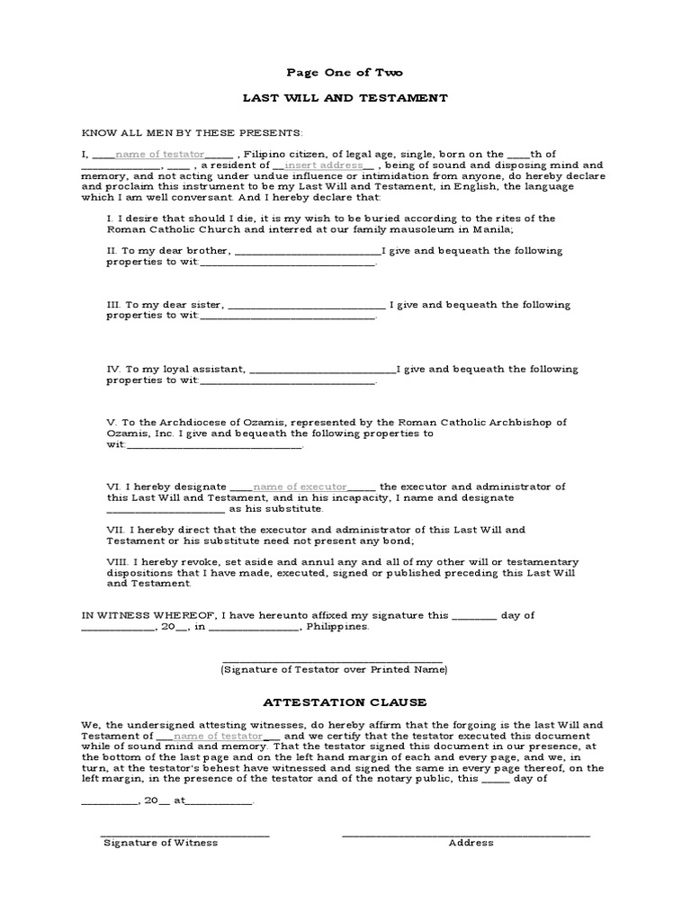 Page One of Two Last Will and Testament: Name of Testator Insert ...