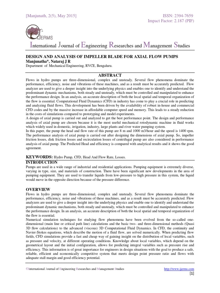 1 - Design and Analysis of Impeller Blade For Axial Flow Pumps PDF ...