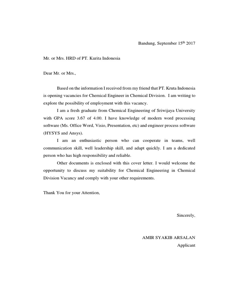 Application Letter for PT Kurita Indonesia