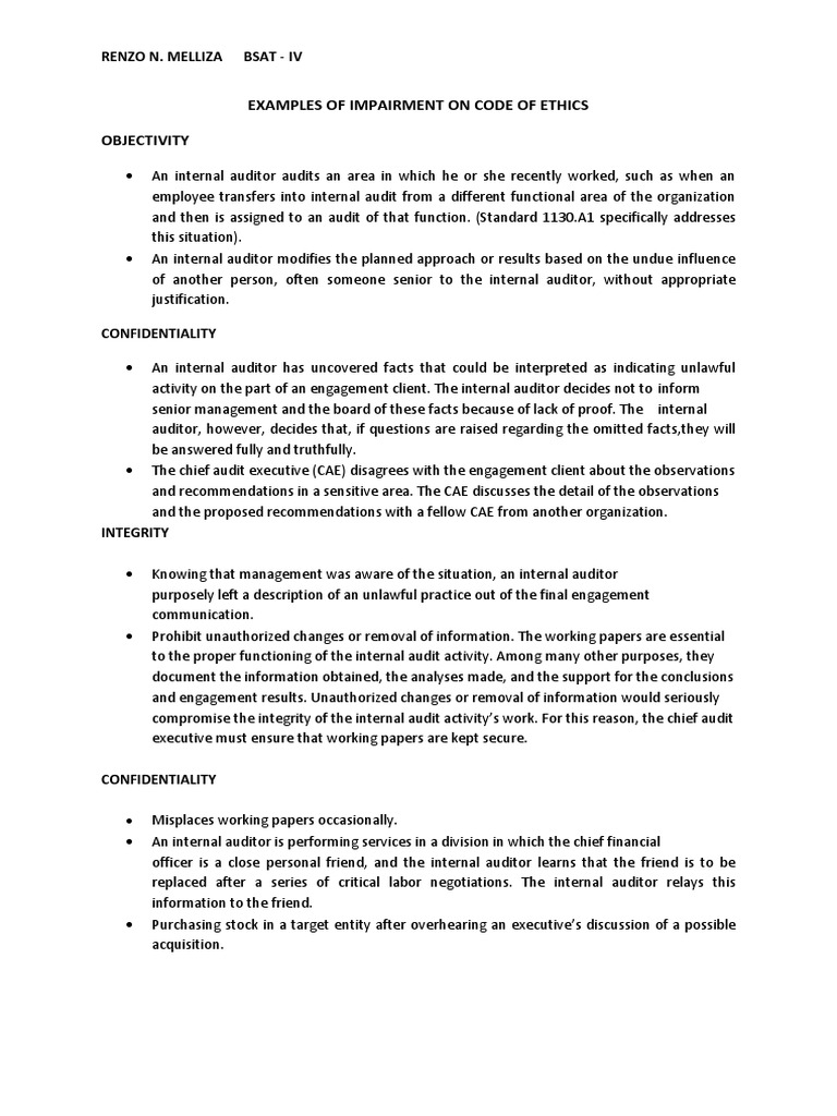 Examples Of Impairment On Code Of Ethics Internal Audit Audit