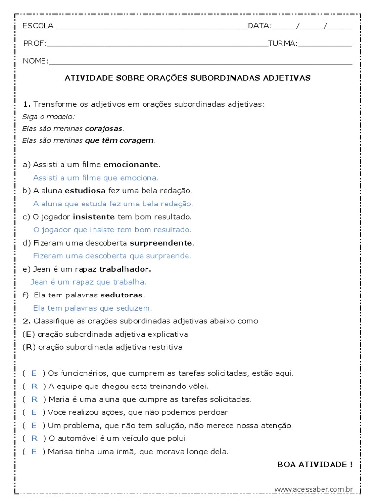 Exercícios de Oração Subordinada Adjetiva | PDF