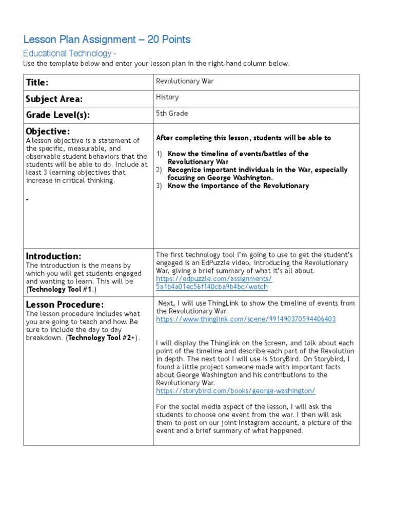 Lesson Plan Assignment – 20 Points: Title: Subject Area: Grade Level(s ...