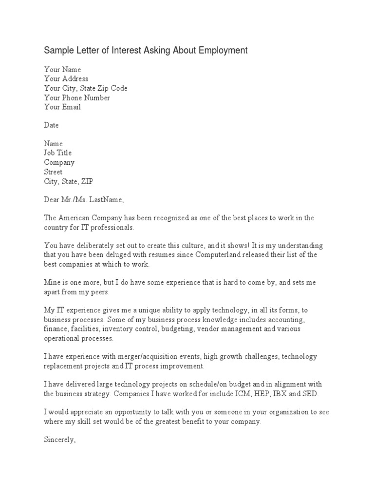 Letter of Interest Asking About Employment | PDF | Computers
