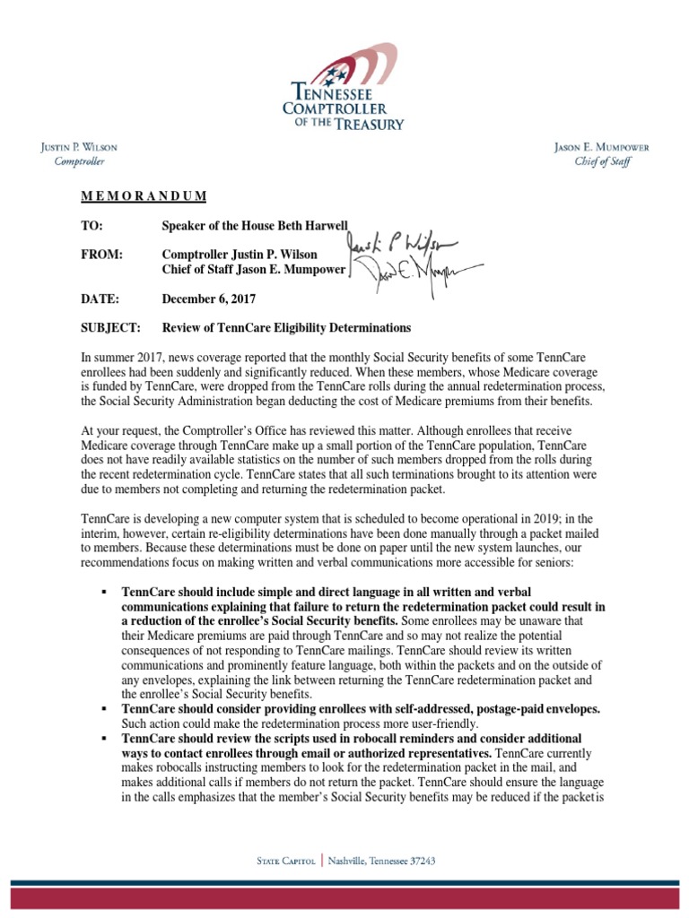 Comptroller's 2017 Review of TennCare: Memo and Report | PDF | Medicaid |  Medicare (United States)