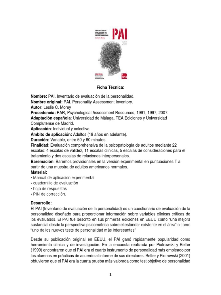 PAI: Evaluación de Personalidad en Adultos | PDF | Ansiedad | Depresión ...