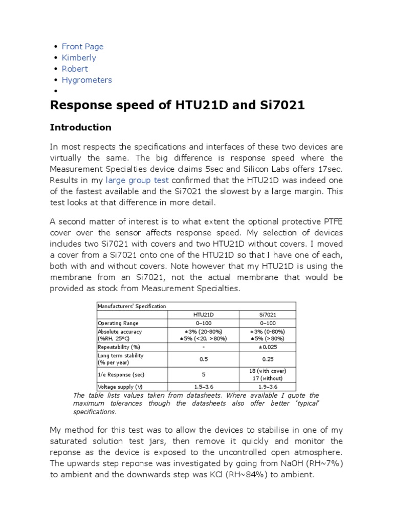 HTU21D vs Si7021 Response Speed Analysis | PDF | Humidity | Calibration