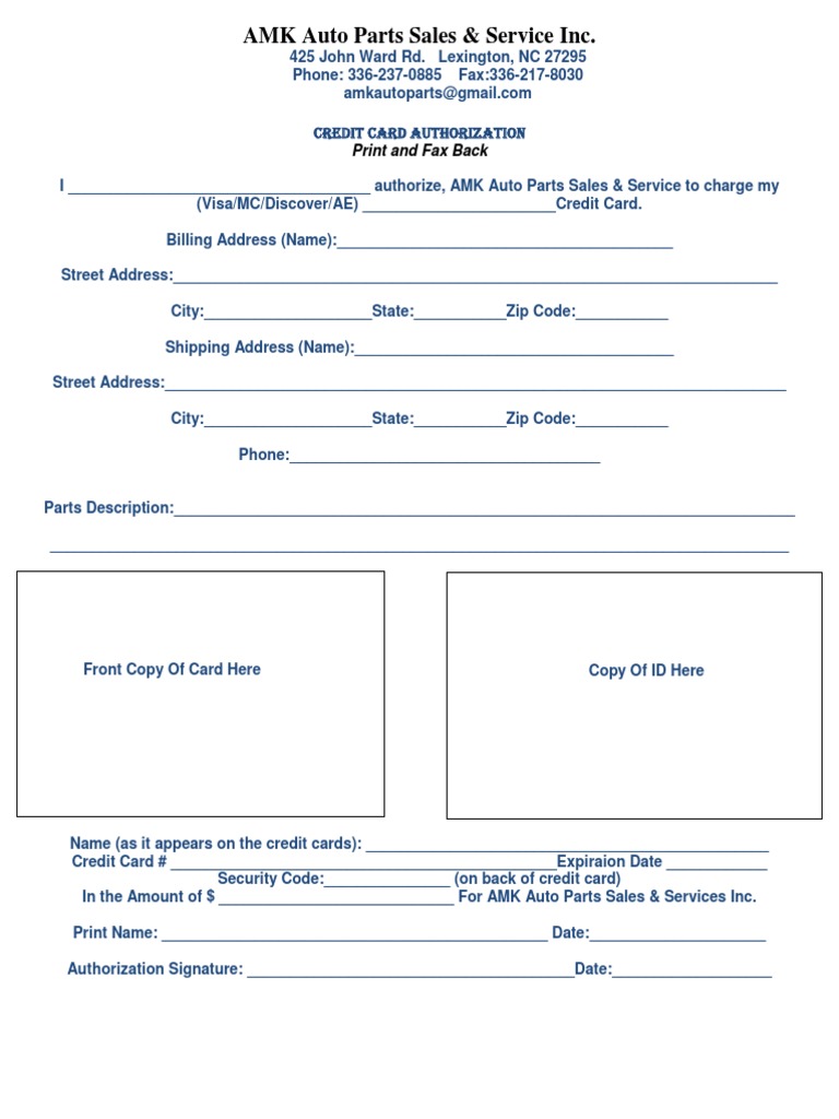 AMK Auto Parts Credit Card Authorization Form | PDF