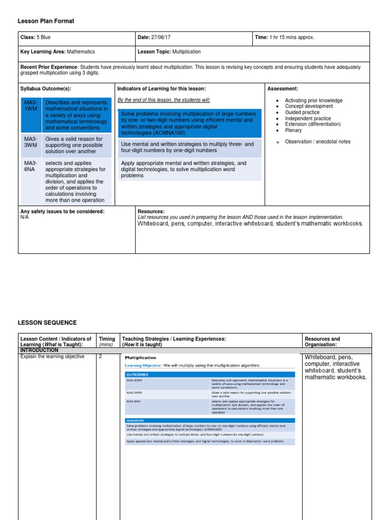 5th Grade Multiplication Lesson Plan | PDF | Learning | Lesson Plan