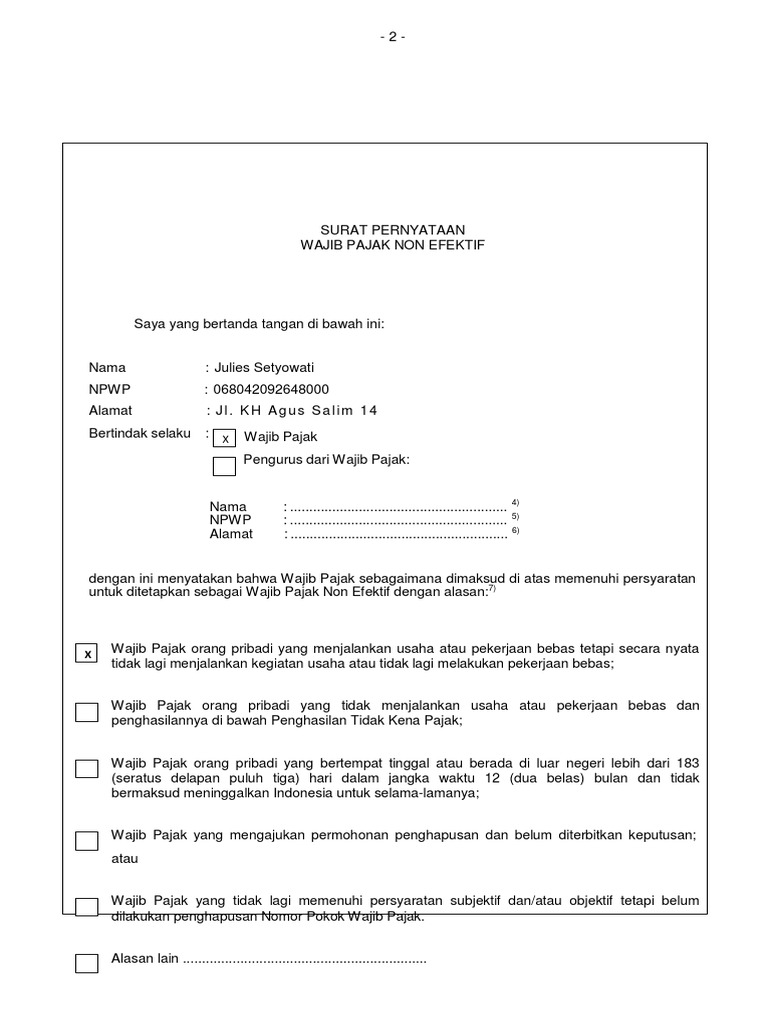 Surat Pernyataan Non Efektif