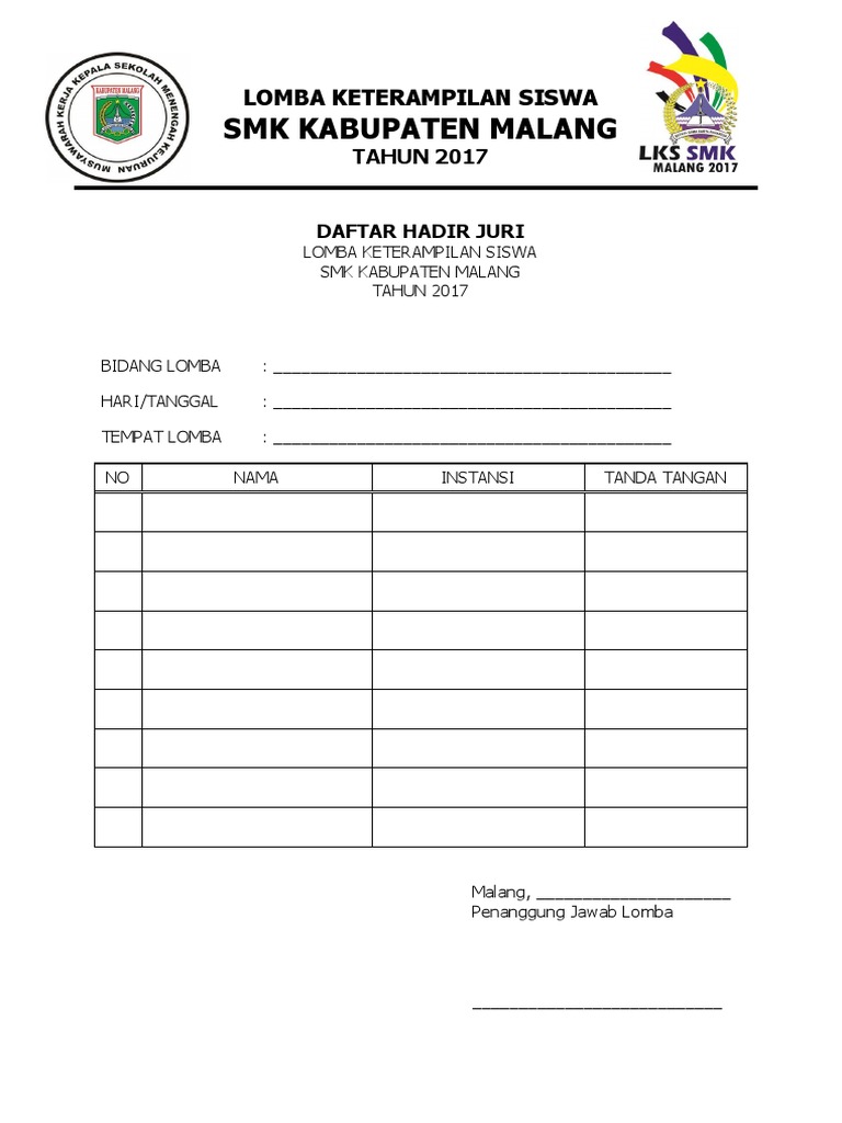 Contoh Daftar Hadir JURI LKS Contoh Daftar Hadir JURI LKS