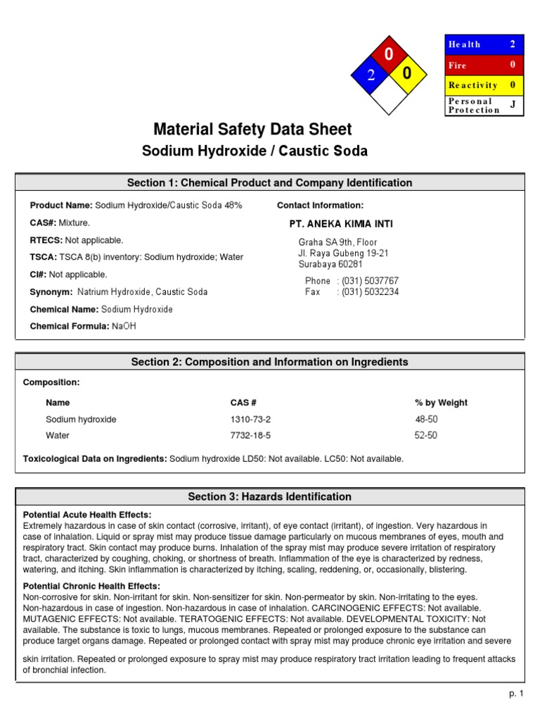MSDS Caustic Soda (NaOH) Toxicidad Hidróxido de sodio