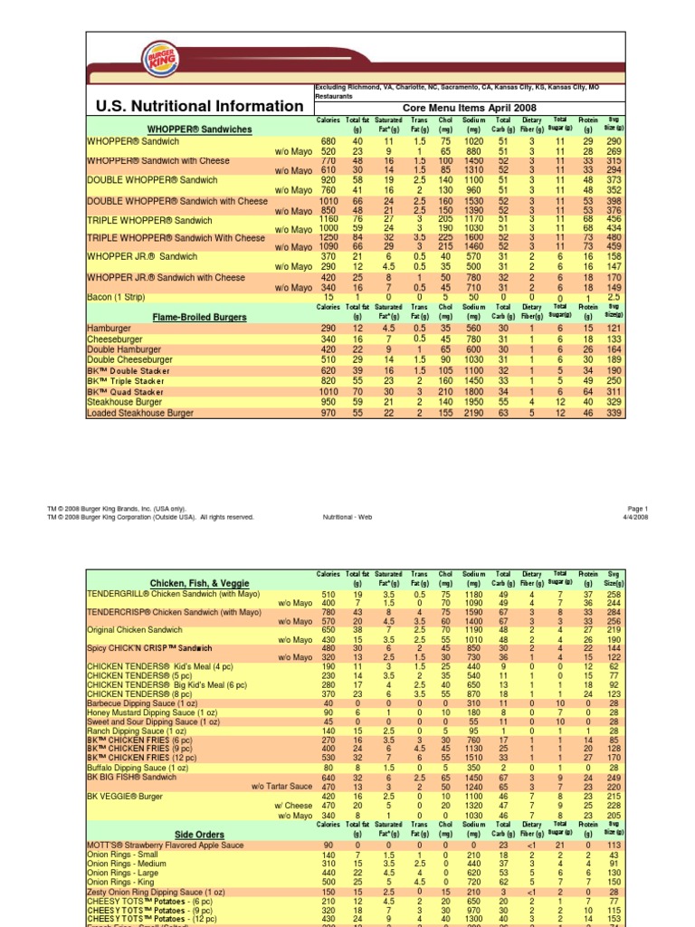 Burger King Nutritional Brochure Western Cuisine Regional & Ethnic Food