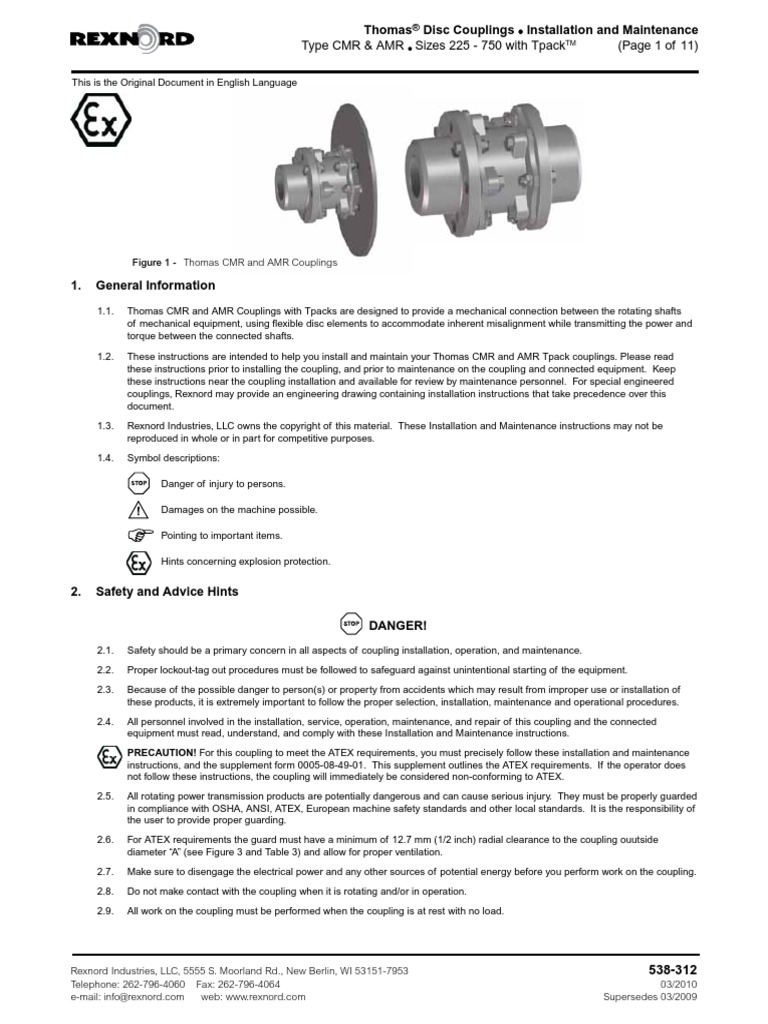 538 312 Thomas Series CMR, AMR, Sizes 225 750 Disc Couplings