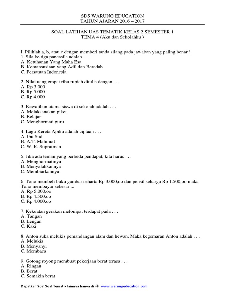              Download Soal Tematik Kelas  Soal Uas Tema 4 Kelas 2 Sd Semester 1