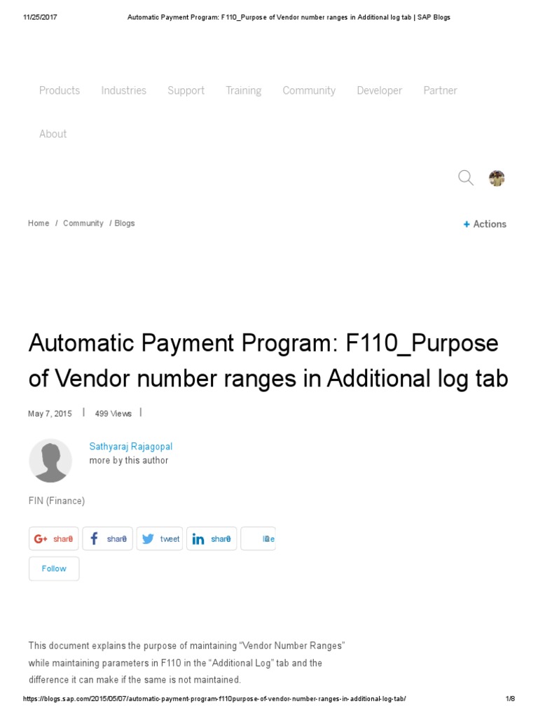 Automatic Payment Program F110 Purpose of Vendor Number Ranges in