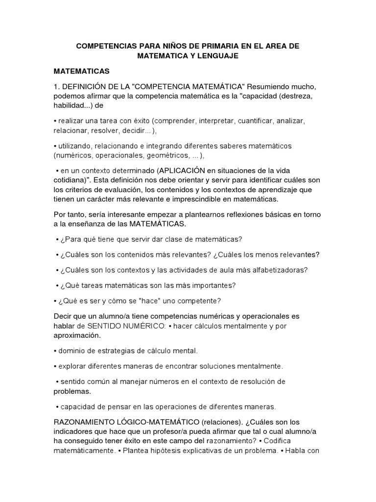 Competencias Básicas para Primaria | PDF | Enseñanza de matemática ...