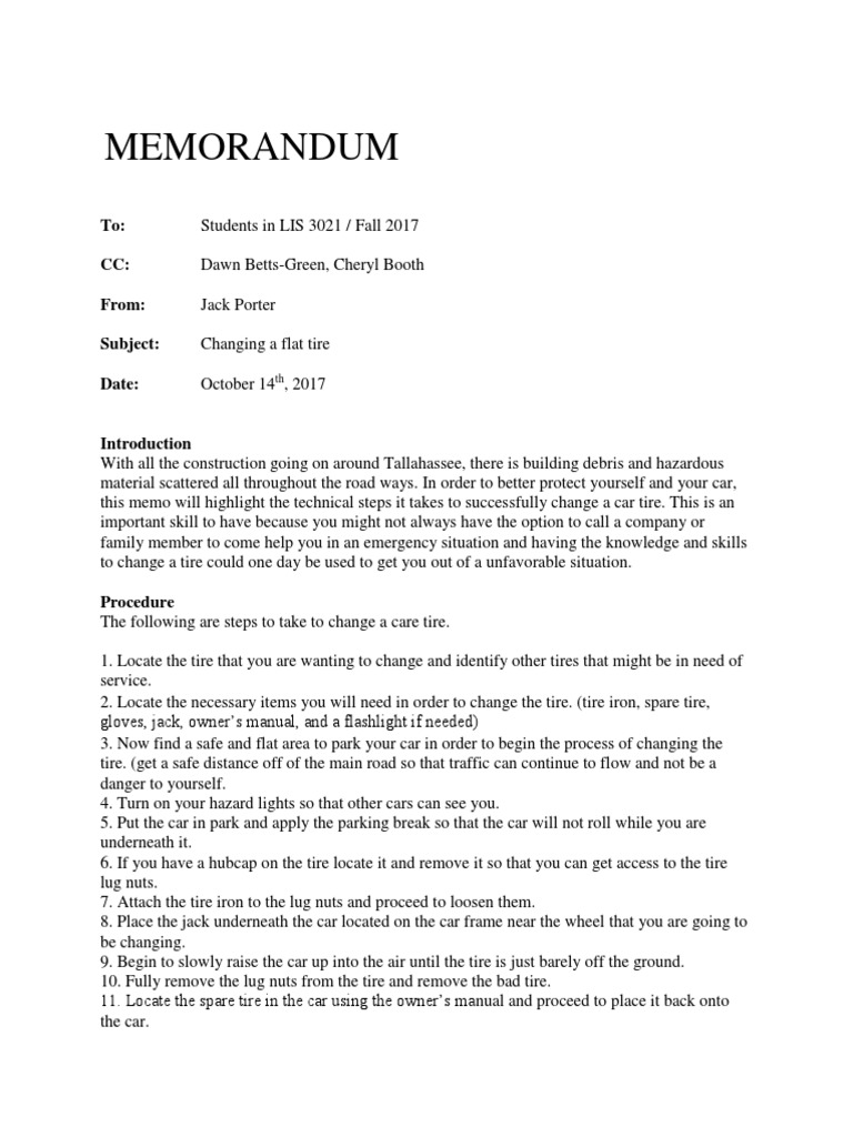 technical procedure memo format 1 Tire Wheeled Vehicles