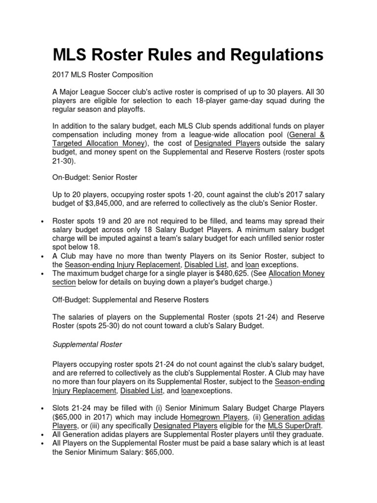 MLS Roster Rules and Regulations | PDF | Major League Soccer | Salary