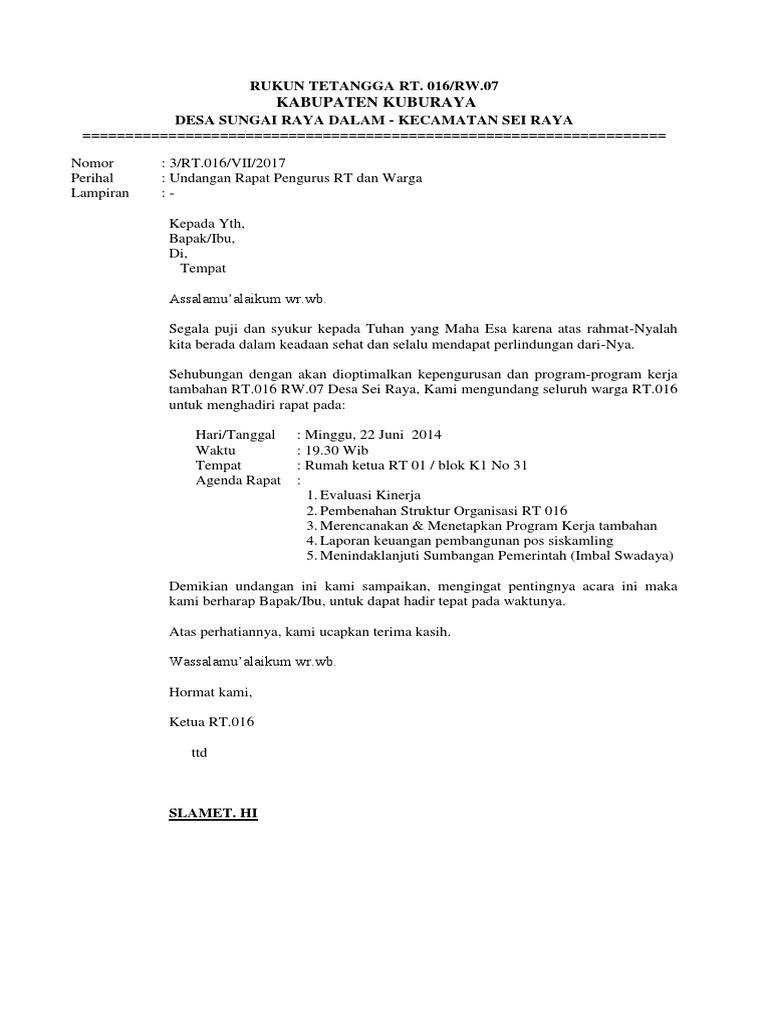 Contoh Surat Undangan Rapat RT PDF