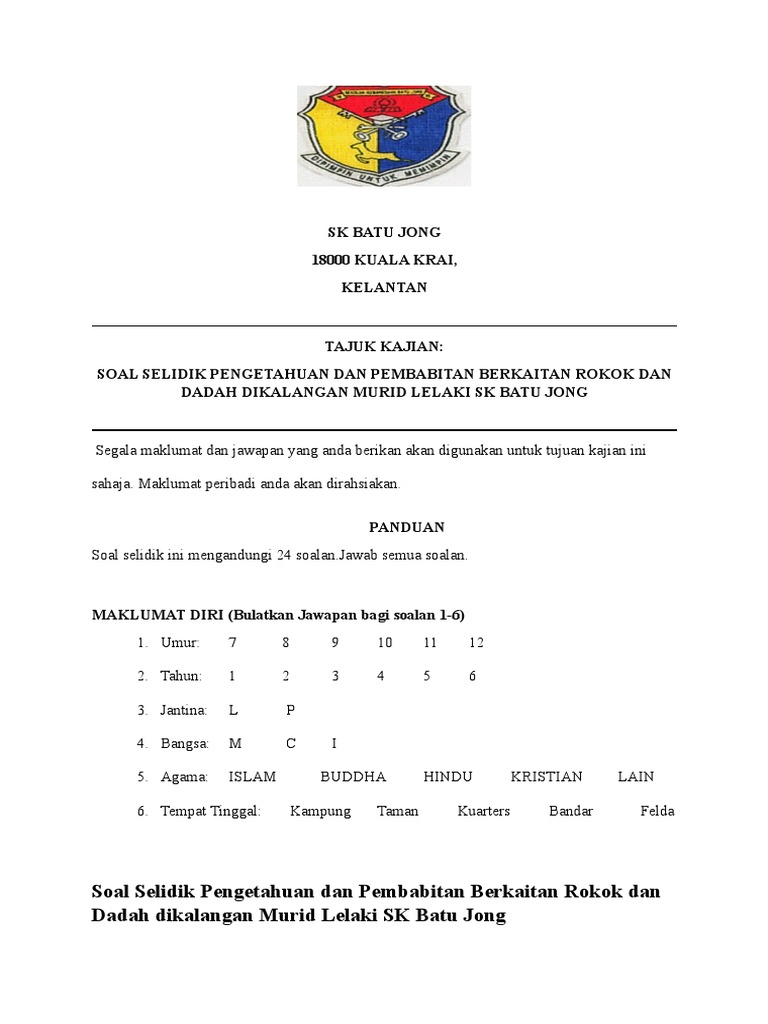 Borang Soal Selidik Pengetahuan Tentang Rokok Dan Dadah Di Kalangan Murid Pdf