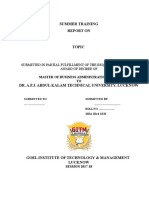 Summer Training Report On: Submitted in Partial Fulfillment of The Requirement For The Award of Degree of