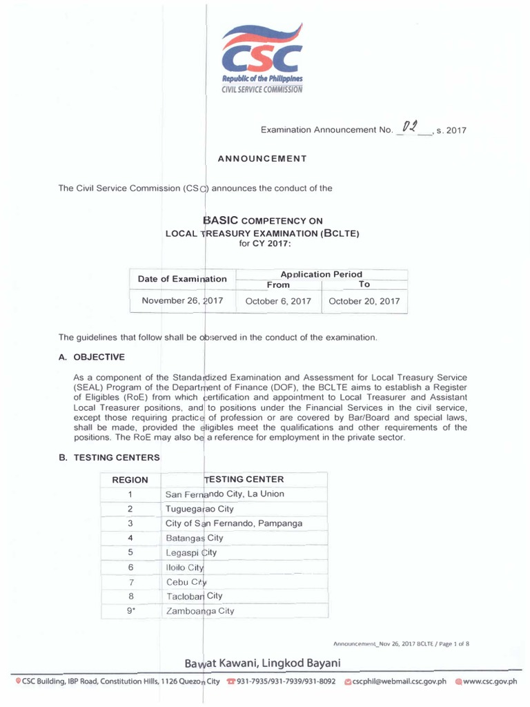 4 CSC Exam Announcement No. 2 S. 2017 | PDF | Identity Document | Test ...