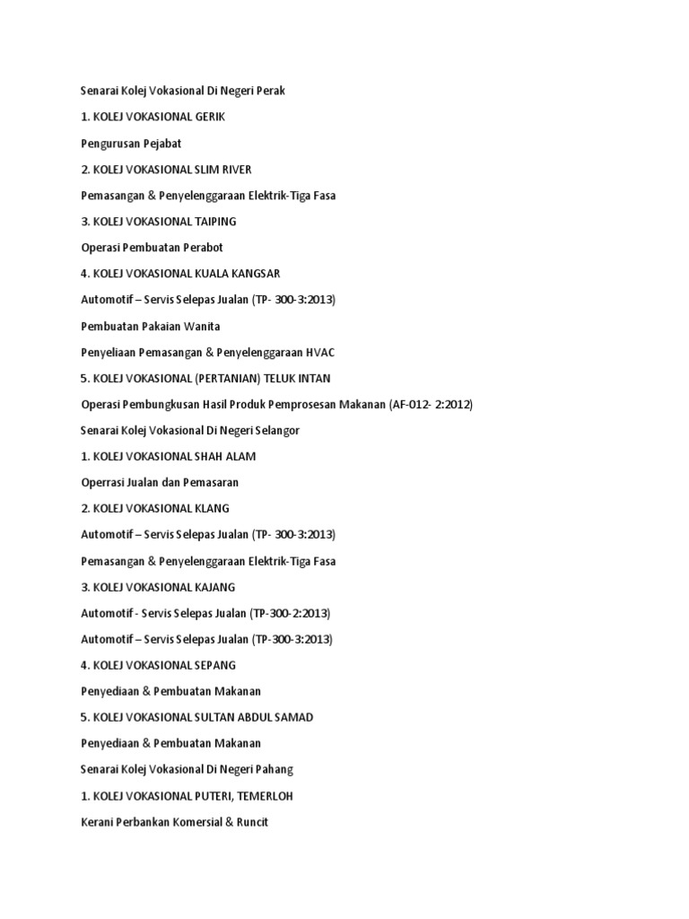 KOLEJ VOKASIONAL DI MALAYSIA: PROGRAM DAN LOKASI | PDF