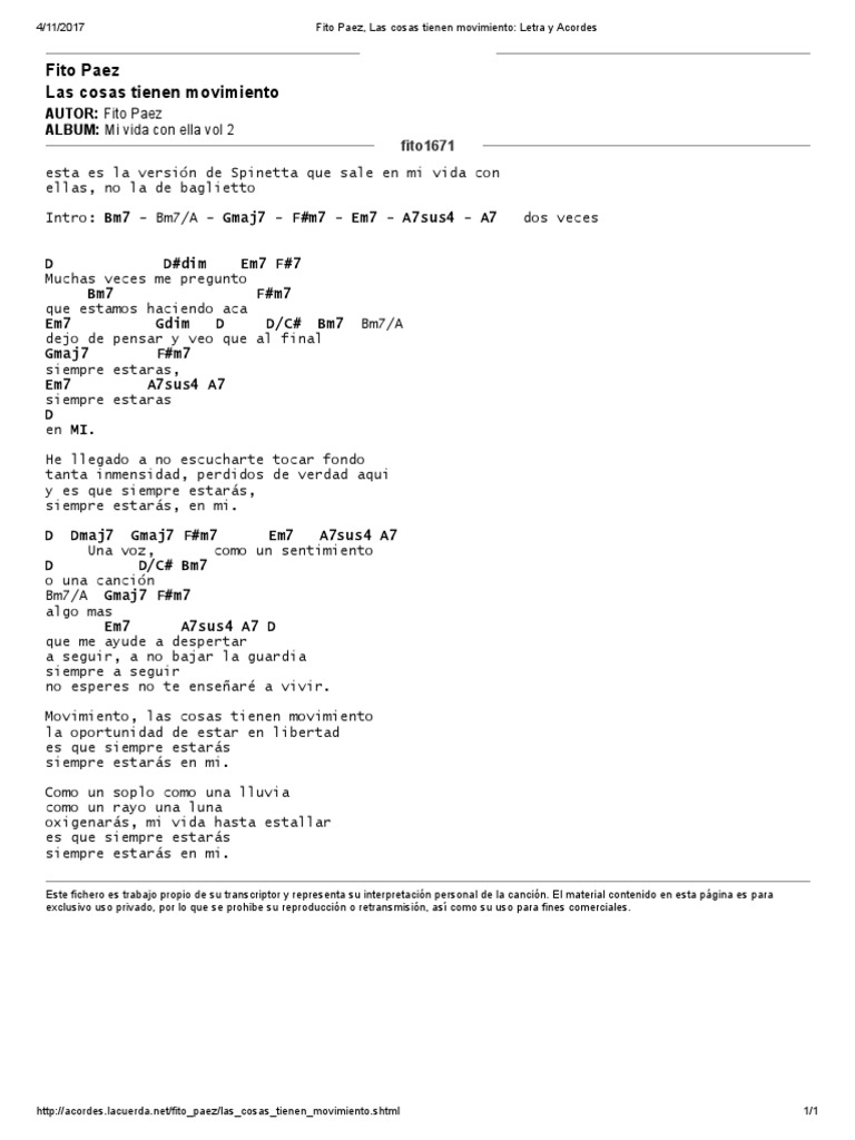 Fito Paez, Las Cosas Tienen Movimiento Letra y Acordes PDF