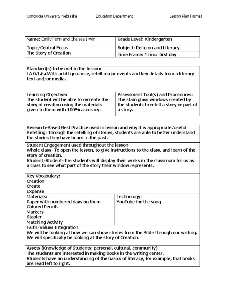 Ed 332Integrating The Faith Lesson Plan Emily and Chelsea PDF