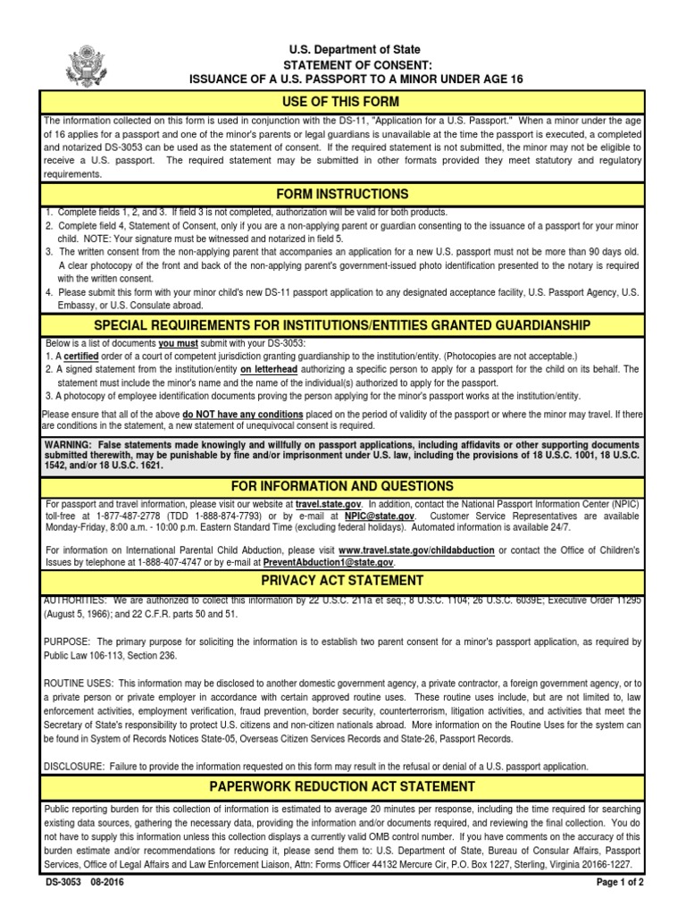 DS 3053 Consent For Minors To Travel | PDF | Identity Document | Notary  Public