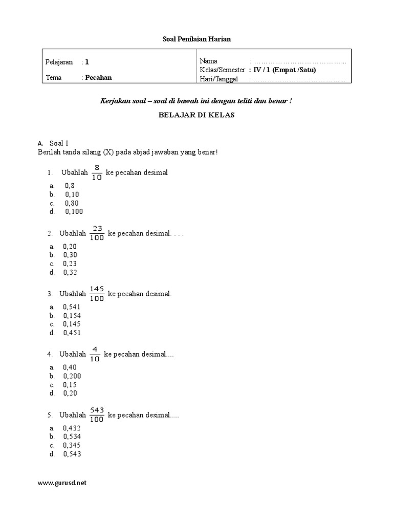 Soal Kelas 4 Mtk Pelajaran Pecahan